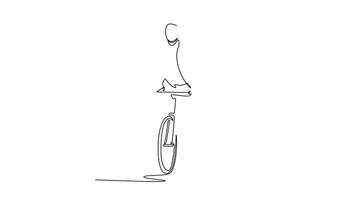 Animated self drawing of continuous line draw joyful young businessman standing on his bike, getting ready to start moving. Active male employee looking into distance. Full length one line animation video