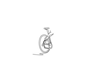 Self drawing animation of single line draw professional female cyclist in cycling cloth and protective gear riding road bike bicycle. Training outdoor on daytime. Continuous line. Full length animated video
