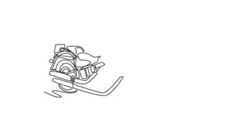 Self drawing animation of single line draw custom bobber motorbike parked in a workshop garage. Classic motorcycle for touring or adventure in country or highway. Continuous line. Full length animated video
