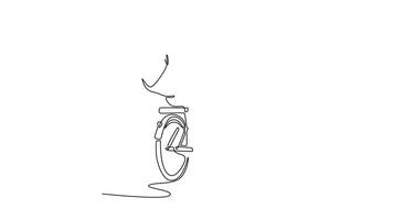 Animated self drawing of continuous line draw back view young businessman with briefcase riding his bicycle in town after commuting to work. Eco friendly transportation. Full length one line animation video