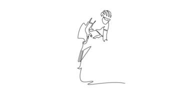 Animated self drawing of continuous line draw sporty woman in helmet, sunglasses and activewear riding bike on asphalt road. Fit female cyclist training with high speed. Full length one line animation video