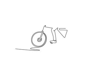 Animated self drawing of continuous line draw young businessman wearing helmet and backpack to start his bike trip from the office to his home. Commuting lifestyle. Full length single line animation video