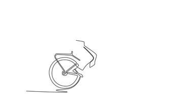 Self drawing animation single line draw side view young woman riding bicycle on the street for her morning commute to work. Eco transport and healthy lifestyle. Continuous line. Full length animated video
