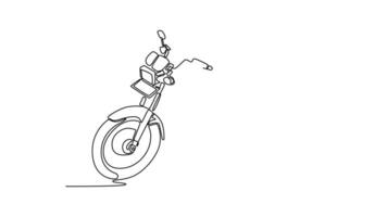 Self drawing animation single line draw vintage classic retro motorbike on white background. Community Asian urban citizen motorcycle for routine activity. Continuous line draw. Full length animated video