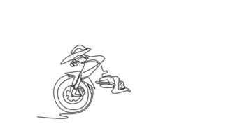 Animated self drawing of continuous line draw side view classic luxury touring motorcycle parked in modern garage. Stylish custom motorbike for adventure or vacation. Full length single line animation video