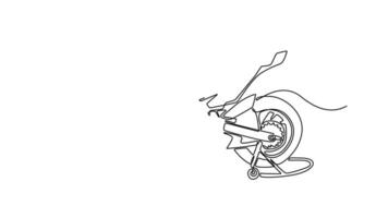 Animated self drawing of continuous line draw side view modern sport motorcycle parking on white background. Motorbike for race competition. Grand prix transportation. Full length one line animation video
