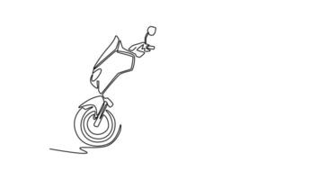 Animated self drawing of continuous line draw side view big modern scooter standing on white background. Stylish motorcycle for urban citizen or tour trip vacation. Full length single line animation video