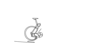 Animated self drawing of continuous line draw side view active sportsman in protective helmet riding gravel bicycle. Male athlete in sportswear cycling on the road. Full length single line animation video