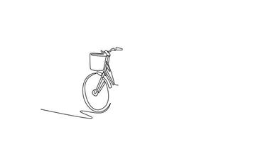 Self drawing animation of single line draw back view of businesswoman in blazer riding her bicycle in town after commuting to work. Eco friendly transport. Continuous line draw. Full length animated video