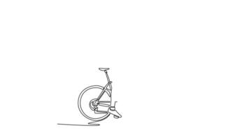 Self drawing animation of single line draw side view active male cyclist riding road bicycle and gesturing win with hand. Happy sportsman after winning the race. Continuous line. Full length animated video