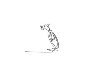 Animated self drawing of continuous line draw fearless athletic sportsman in protective clothes driving bike on steep road. Active sport, health, workout, recreation. Full length single line animation video