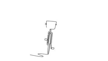Self drawing animation of single line draw young businesswoman with helmet walking next to her bicycle. Eco friendly transport and healthy active lifestyle. Continuous line draw. Full length animated video