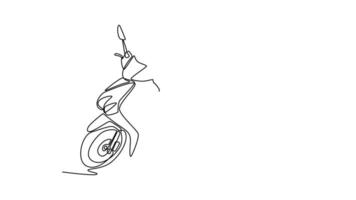 Animated self drawing of continuous line draw side view modern urban moped motor scooter in the city. Two wheels transportation motorcycle for mobility or delivery. Full length single line animation video