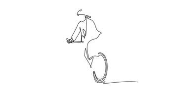 Animated self drawing of continuous line draw attractive business woman with briefcase commute her bicycle outdoor at urban, bike go to work office. Healthy lifestyle. Full length one line animation video