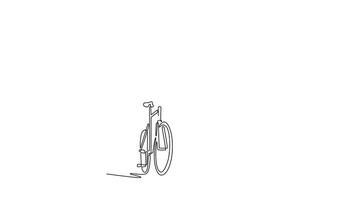 Animated self drawing of continuous line draw young businessman with helmet and backpack posing next to his bicycle. Eco friendly transport, healthy active lifestyle. Full length single line animation video