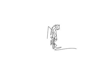 Animated self drawing of continuous line draw attractive female employee with briefcase looking into distance, while driving home by her bicycle. Eco commute lifestyle. Full length one line animation video