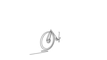 Self drawing animation of single line draw active fearless athletic sportswoman in protective gear driving bike on steep road. Sport, health, workout, recreation. Continuous line. Full length animated video