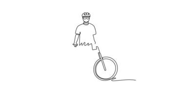 Animated self drawing continuous line draw male cyclist athlete in protective helmet standing next to his bicycle. Concept of sport, health, action, motion, speed, race. Full length one line animation video