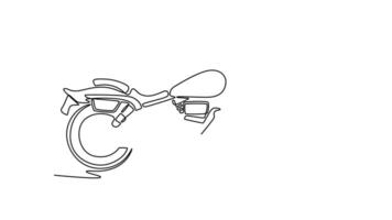 Self drawing animation of single line draw side view of classic motorcycle standing on street city. Old motorcycle for touring or adventure in country or highway. Continuous line. Full length animated video