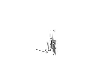Animated self drawing of continuous line draw back view young businessman commuter with backpack on the way to work, riding bike on the street, sustainable lifestyle. Full length single line animation video