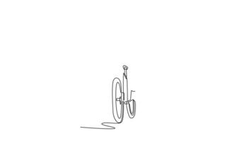 Self drawing animation of single line draw happy female road racing cyclist winning competition with arms raised. Sportswoman successfully reaching a goal. Continuous line draw. Full length animated video