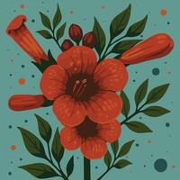 A vibrant red-orange trumpet flower with green leaves on a teal background, decorated with scattered colorful dots. vector
