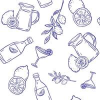 Whimsical seamless Italian coastal pattern with lemon, cocktail, bottle of limoncello, Mediterranean symbols inspired by Amalfi. Summer Italy vacation mood. illustration relaxed crayon sketch. vector