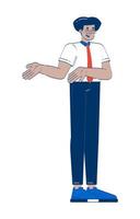 Friendly latino male office worker explaining with gesture 2D doodle character. Cheerful hispanic man business casual cartoon person drawing isolated on white. Hand drawn illustration colorful vector