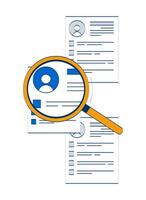 Candidate search with magnifying glass over resumes 2D doodle object. Recruitment loupe. Talent acquisition cartoon element flat clipart isolated on white background. Hand drawn illustration vector