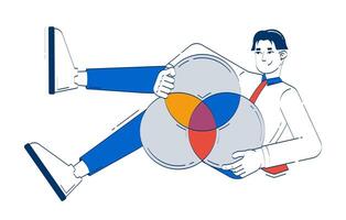 Data analyst presenting Venn diagram doodle illustration concept. Data visualization. Close look at graph. Analytical thinking cartoon 2D character isolated on white. Hand drawn metaphor vector
