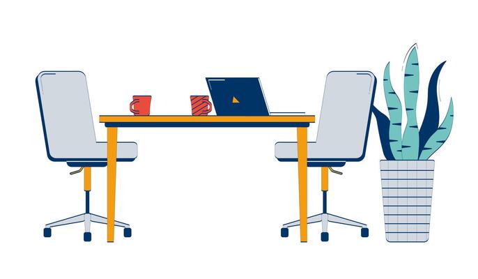 Office setup with laptop and coffee mugs 2D doodle object. Desk with swivel chairs, snake plant, notebook cartoon element flat clipart isolated on white background. Hand drawn illustration