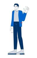 Approachable korean male employee in blazer greeting 2D doodle character. Company welcome. Professional man chinese cartoon person drawing isolated on white. Hand drawn illustration colorful vector