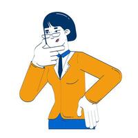 Glasses asian woman in formal attire with thoughtful pose 2D doodle character. HR thinking. Chinese female manager cartoon person drawing isolated on white. Hand drawn illustration colorful vector