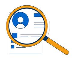 Magnifying glass focused on resume document 2D doodle object. Loupe zoomed in on CV curriculum vitae cartoon element flat clipart isolated on white background. Hand drawn illustration vector