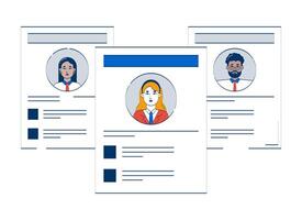 Job resume paper sheets with diverse candidates profiles 2D doodle object. Employee CVs. HR screening pages cartoon element flat clipart isolated on white background. Hand drawn illustration vector