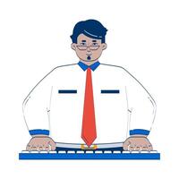 Arab male employee typing on keyboard 2D doodle character. Office worker. Middle eastern businessman computer work cartoon person drawing isolated on white. Hand drawn illustration colorful vector