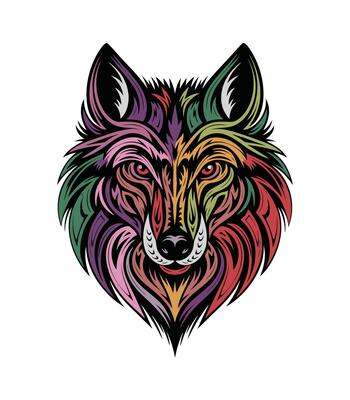 Rainbow Wolf Head Illustration for Dynamic Wildlife and Nature Projects