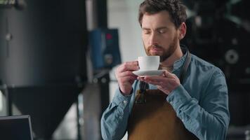 Smiling Caucasian man cafe barista smell fresh aroma caffeine coffee roasting production male small business owner guy in uniform holding cup espresso cappuccino drink serving order in coffeehouse video