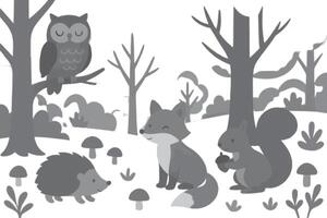 an owl, squirrel, hedgehog and fox in the woods vector