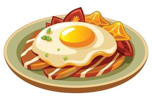 Delicious Sunny-Side Up Egg with Grilled Steak and Tropical Fruits on a Rustic Plate - A Vibrant Breakfast Illustration vector