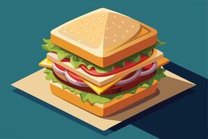 Delicious Multi-Layered Club Sandwich on Paper, Isometric View, Appetising Food Illustration - Professional digital artwork with vibrant colors and detailed composition vector