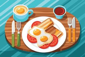 Breakfast with eggs, toast, and coffee vector