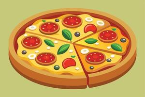 Delicious Isometric Pizza Slices A Tempting Visual of Savory Cheese, Succulent Pepperoni, and Fresh Basil vector