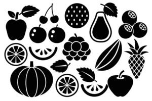 Delightful Collection of Black and White Fruit Silhouettes Apples, Cherries, Pineapple, and More in a Vibrant Still Life vector
