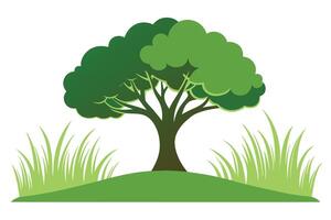 Serene Green Tree on Lush Hilltop, Peaceful Nature Illustration, Idyllic Landscape Design - Professional digital artwork with vibrant colors and detailed composition vector