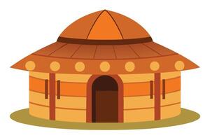 Charming Orange Hut Illustration A Whimsical Round House in a Serene Setting, Perfect for Childrens Books and Tribal Decor vector