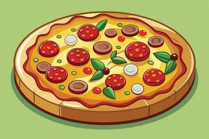 Delicious Salami Pizza on Wooden Board, Appetising Italian Cuisine, Ready to Eat, Vibrant Colors, Casual Setting vector