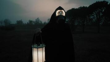 Man With Gas Mask In Radiation Contaminated Nuclear Site At Night video