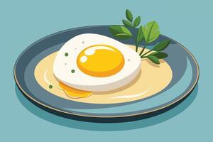 Delicious Sunny-Side Up Egg with Creamy Sauce and Herbs on a Blue Plate, Appetising Breakfast Food Illustration vector