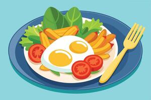 Delightful Sunny-Side Up Eggs with Crispy Fries, Fresh Salad, and Tomatoes on a Blue Plate vector
